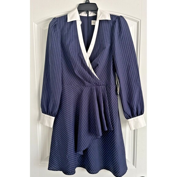 Eliza J Women's Twist-Front Cascade Collared Shirt Dress w.Pockets  White Navy 4 - Picture 4 of 9